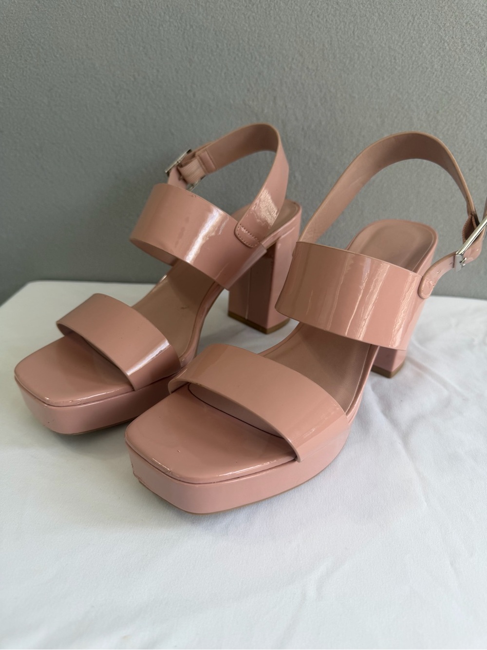 Women’s Pink Patent Platform Ankle Strap Open Toe Block Heel Sandals s9M